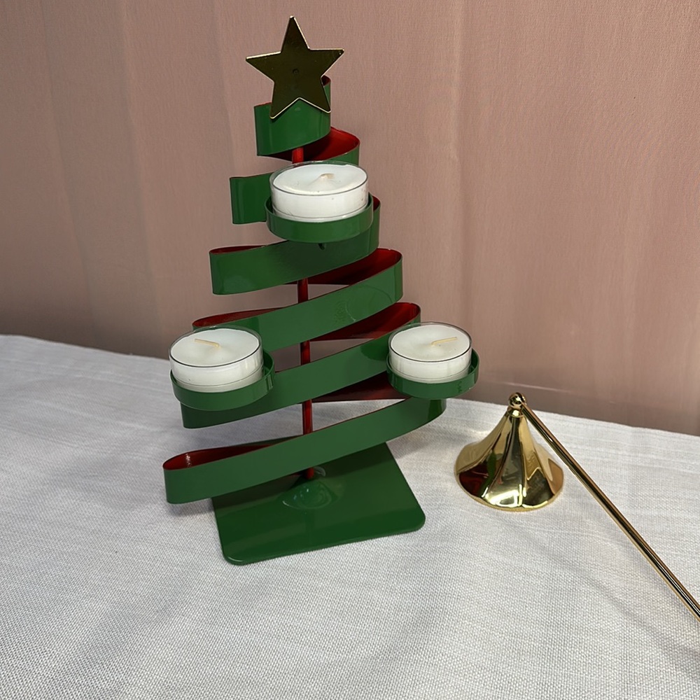 Partylite Ribbon Green Christmas Tree Tealight Candle Holder Gold Star